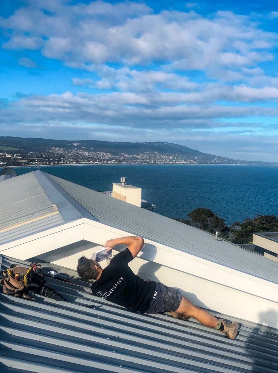 DNL electrician working on a rooftop overlooking the Mornington Peninsula coastline